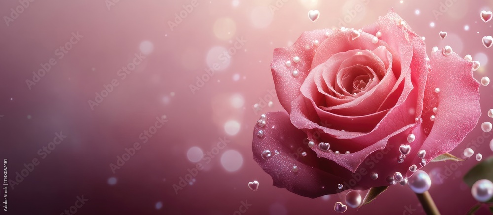 Poster elegant pink rose embellished with pearls and hearts on soft bokeh background with ample copy space 