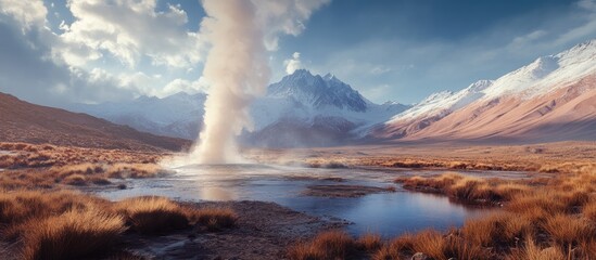 Fototapeta premium Atacama Desert geyser erupting amidst stunning mountain landscape under a dramatic sky at high altitude