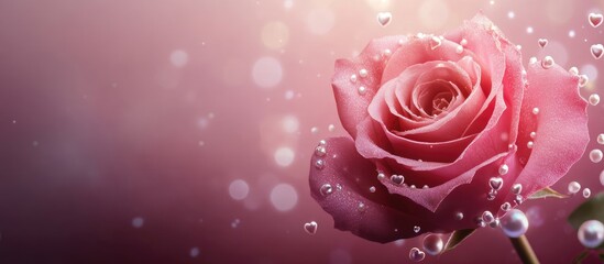 Elegant pink rose embellished with pearls and hearts on soft bokeh background with ample copy space for romantic themes or greetings.