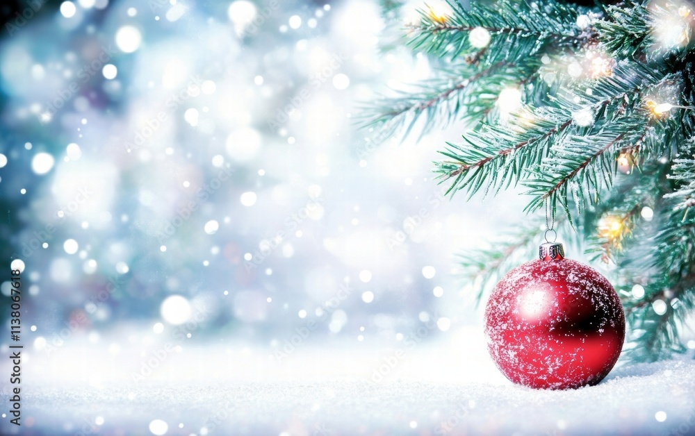 Poster a festive scene featuring a red ornament hanging on a snow-covered pine tree branch with a soft wint