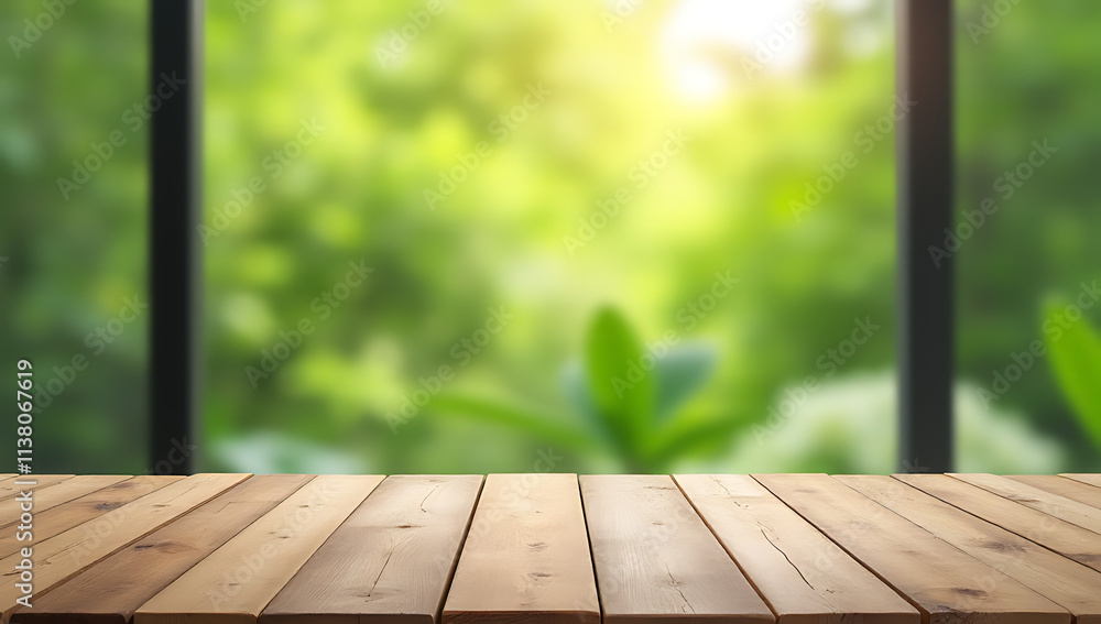 Poster An empty wooden tabletop is visible through a blurred abstract image of a green garden from the background of a window._00003_