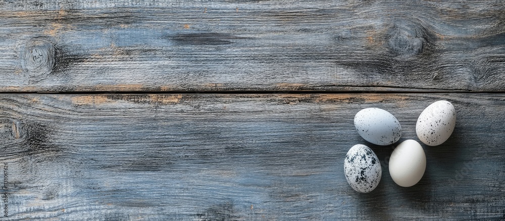 Poster easter eggs on rustic gray wooden table with ample space for text and copy in festive, spring-themed