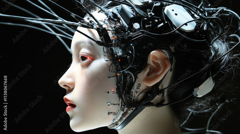 Poster beautiful robot woman with human face in profile, mechanical hands. head of robot and artificial bra