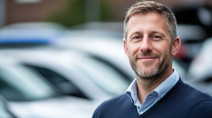 A professional portrait photograph of a fleet car buyer, strong depth of field 