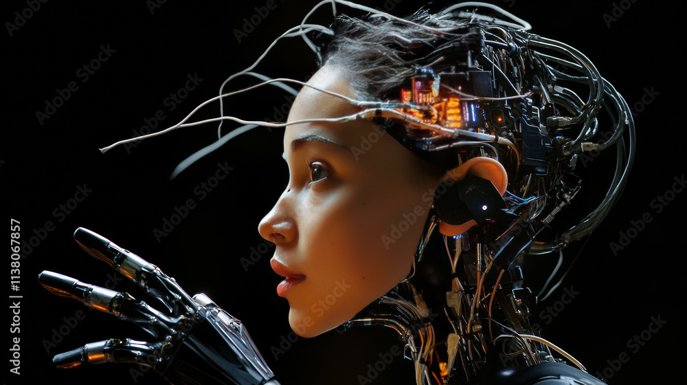 Poster beautiful robot woman with human face in profile, mechanical hands. head of robot and artificial bra