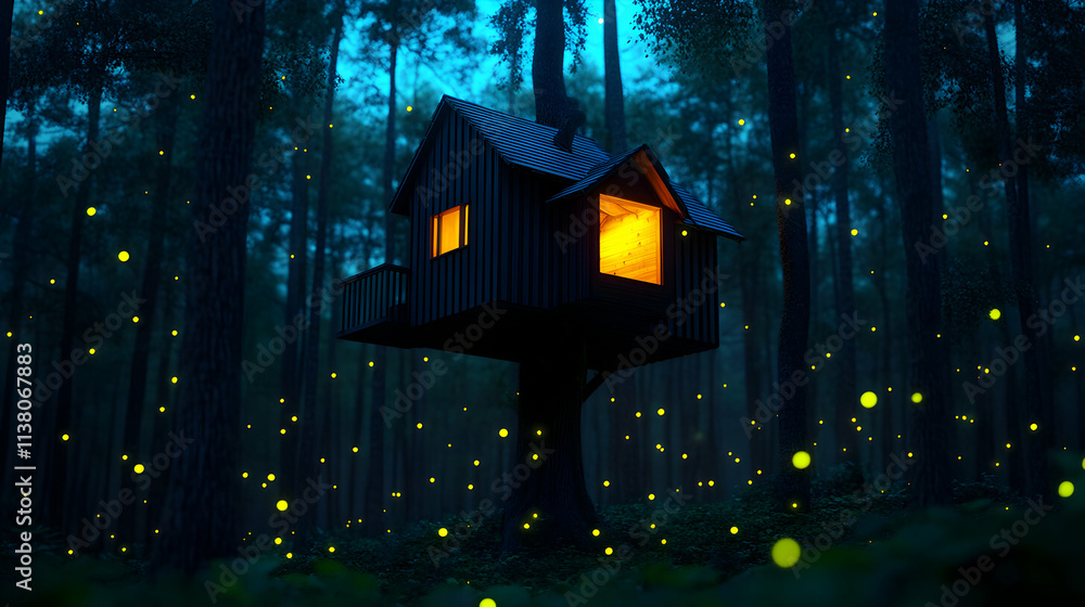 Poster fireflies casting a warm glow on a charming treehouse in a mystical forest, evoking a captivating an