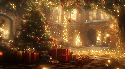 Fototapeta premium Christmas gifts and decorations under a beautifully lit tree 