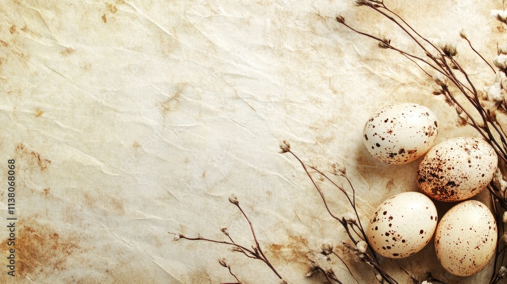 Poster easter eggs on textured paper background with dried flowers creating a rustic festive atmosphere for