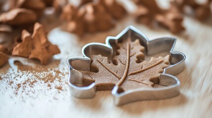 A cookie cutter in the shape of a leaf cutting out a cookie.