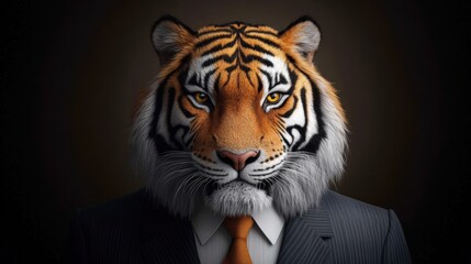 Obraz premium A powerful tiger in a business suit, blending nature with professionalism in a striking visual representation.