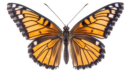 Fototapeta premium Viceroy Butterfly in flight showcasing vibrant orange and black wings against a clean white backdrop ideal for nature and wildlife themes