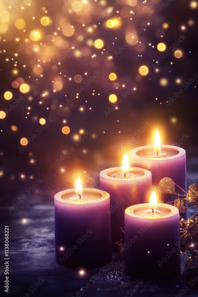 Poster a serene scene featuring glowing candles surrounded by soft bokeh lights, creating a warm and inviti