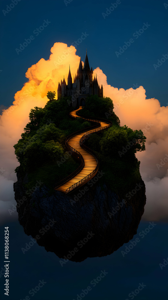 Poster winding, illuminated path guides the way to a grand castle perched atop a floating island amidst a t