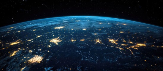 Stunning aerial view of Earth at night showcasing illuminated cities and landscapes against a deep celestial backdrop.