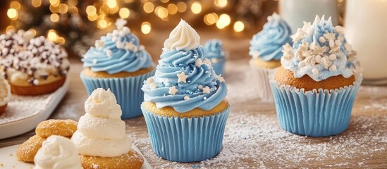 Delicious blue holiday cupcakes topped with whipped cream and festive decorations on a sweet dessert table setting