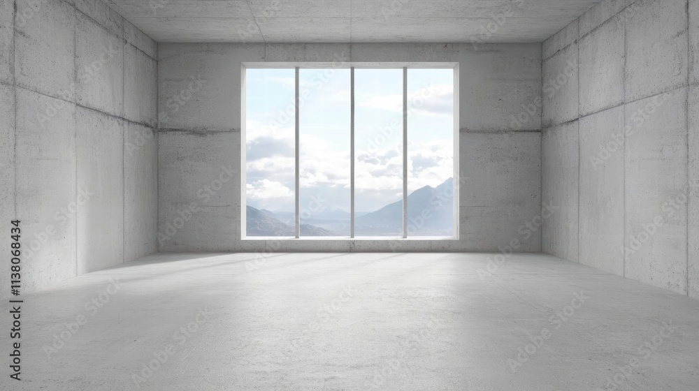 Poster bright and spacious empty room with concrete walls and large windows showcasing a scenic mountain vi