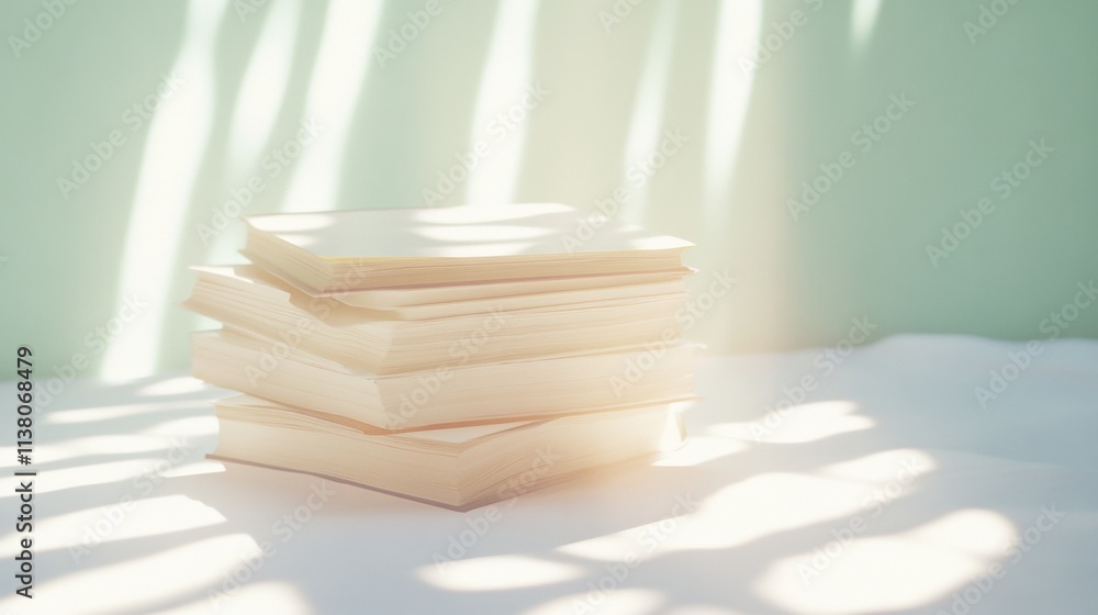 Poster stack of books in soft sunlight surreal glow and knowledge revival