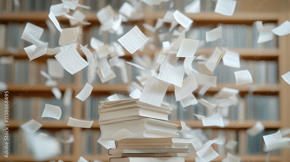 Poster Aesthetic Chaos Floating Pages Over Stacked Books in Muted Library Setting