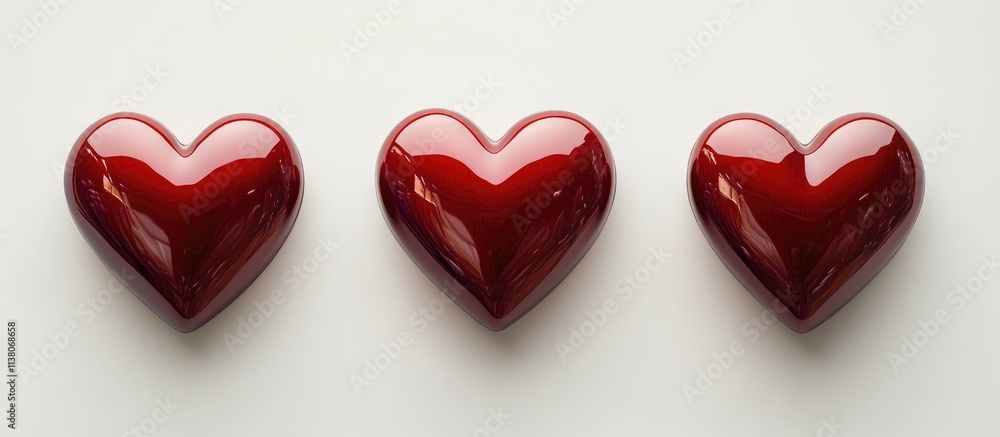 Poster red shiny hearts on a white background creating a love-themed greeting card concept with ample copy 
