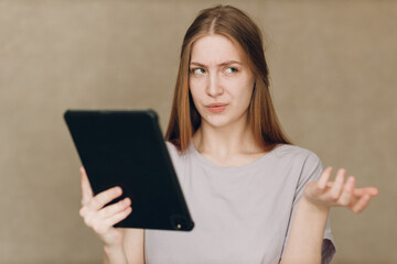 Portrait of young student actress learning role woman with digital tablet. Acting test casting film...