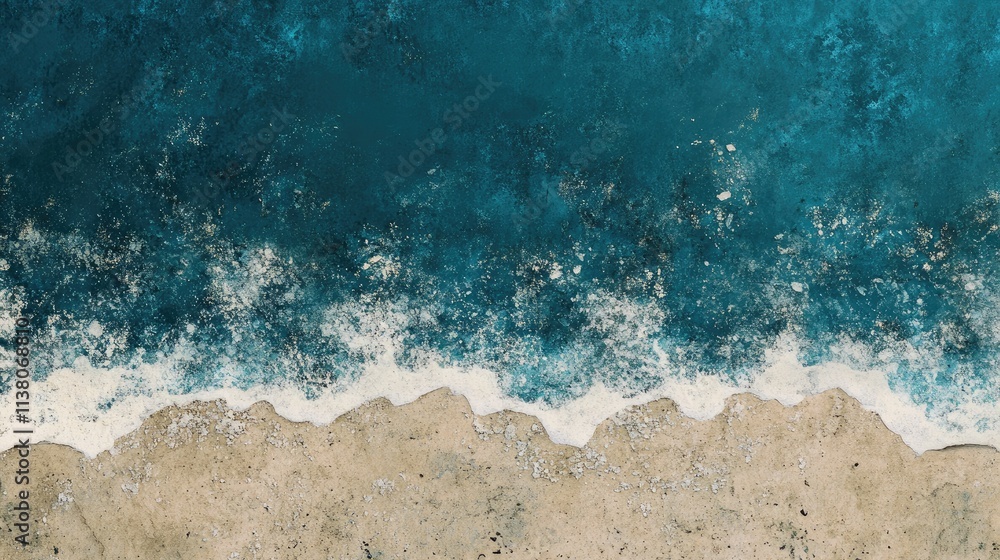 Poster aerial view of sandy beach meeting turquoise water with wave patterns creating a serene coastal back