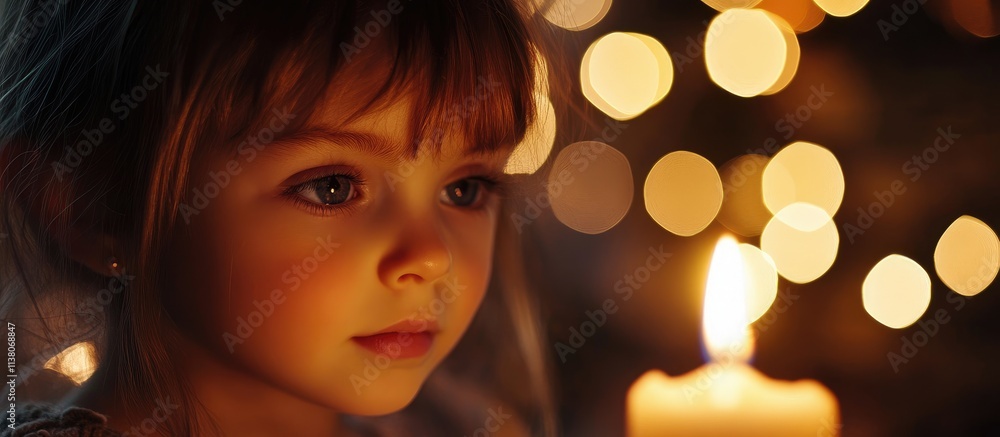 Poster candlelight glow creating a warm ambiance with a contemplative child in focus against a backdrop of 