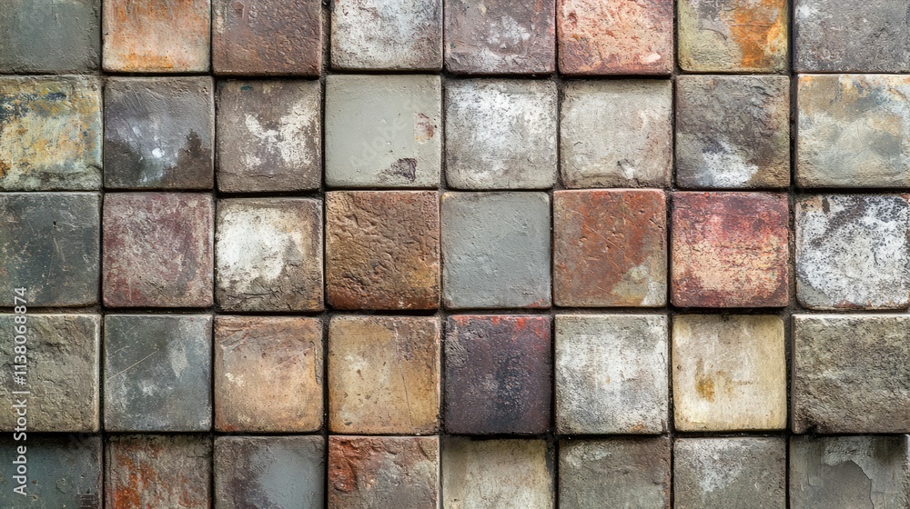 Aufkleber textured background of square tiles in various shades showcasing weathered patterns and earthy tones