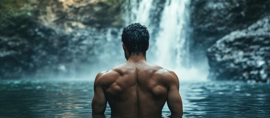 Shirtless man gazing at a serene lake with a majestic waterfall in the background capturing nature's beauty and tranquility.