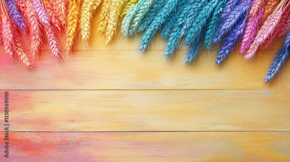 Poster colorful wheat spikes arranged on a wooden surface creating an artistic background with ample copy s