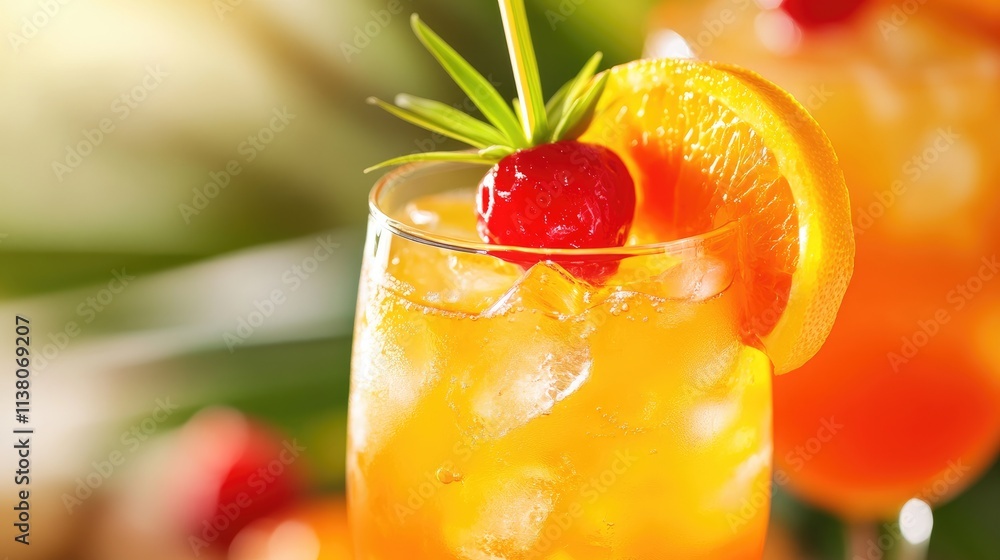 Poster refreshing tropical cocktail garnished with cherry and orange slice in a vibrant setting displaying 