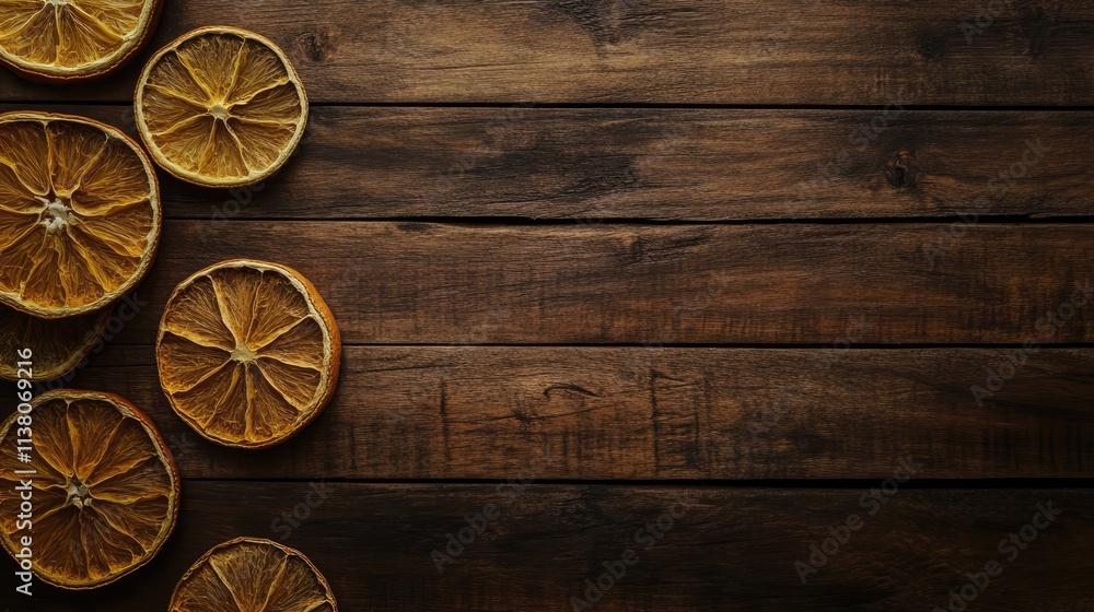 Poster dried citrus slices arranged on a rustic wooden background with ample copy space for creative text o