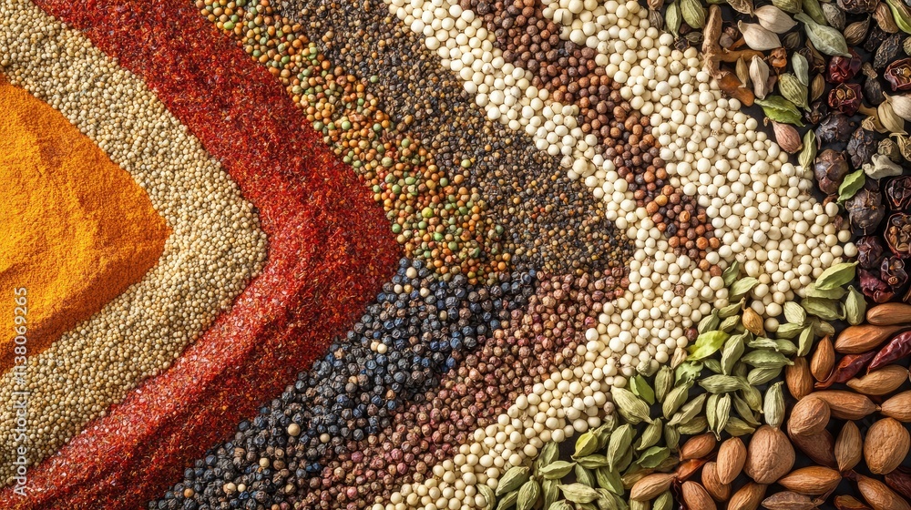 Poster vibrant assortment of spices arranged in an artistic pattern showcasing diverse colors and textures 