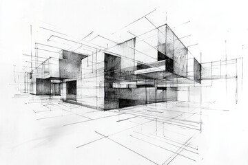 Abstract architectural sketch of an interior space, on a white background, with lines and blocks.