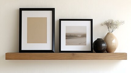 Wooden Shelf with Pictures and Vases