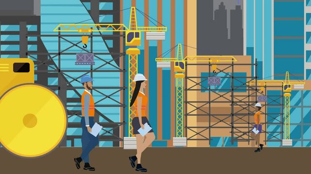 Construction site area, working on the edge of town with engineers and building machines animation