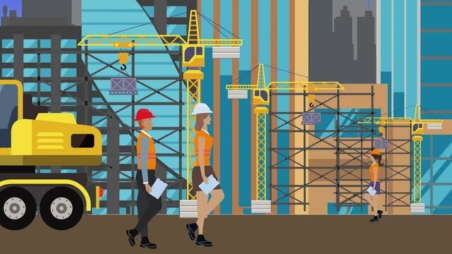 Construction site area, working on the edge of town with engineers and building machines animation