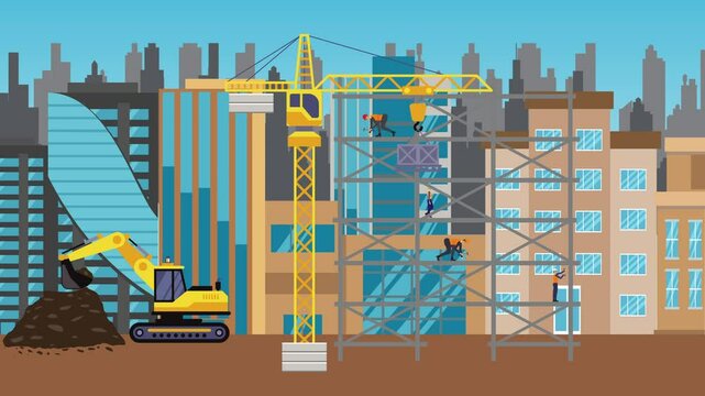 Construction site area, working on the edge of town with engineers and building machines animation