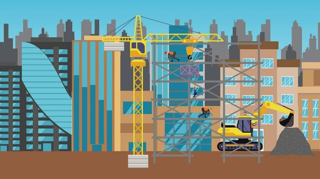 Construction site area, working on the edge of town with engineers and building machines animation