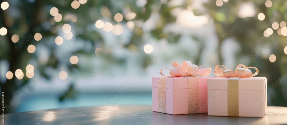 Aufkleber elegant gift boxes adorned with ribbons set on a table surrounded by sparkling bokeh and a softly li