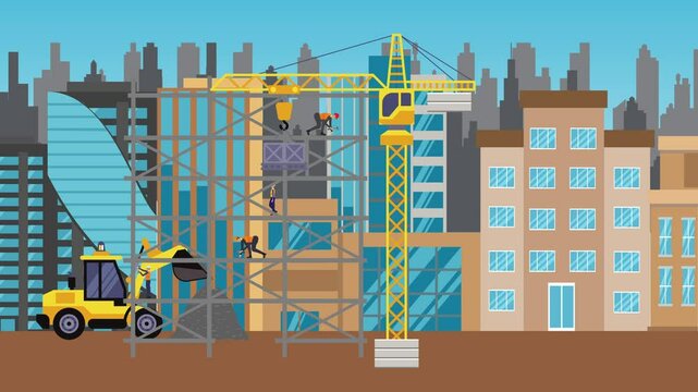 Construction site area, working on the edge of town with engineers and building machines animation