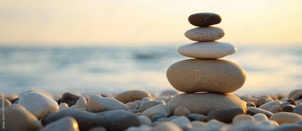 Aufkleber serene stack of smooth beach pebbles with ocean waves in the background during sunset creating a cal