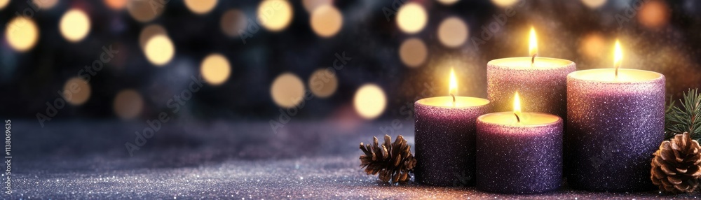 Poster a serene scene featuring glowing candles with a soft bokeh background, creating a cozy and inviting 