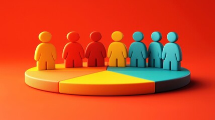 Colorful figures on a pie chart for audience insights, representing teamwork and collaboration in a modern business environment.