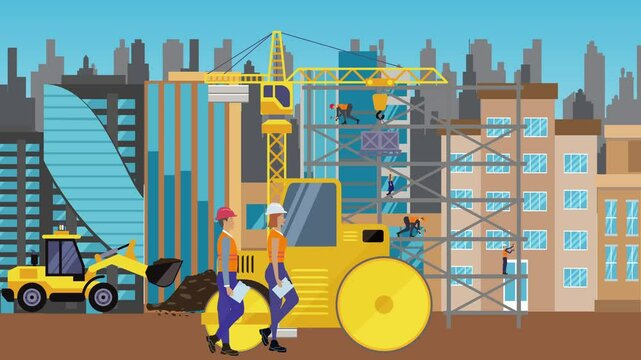 Construction site area, working on the edge of town with engineers and building machines animation