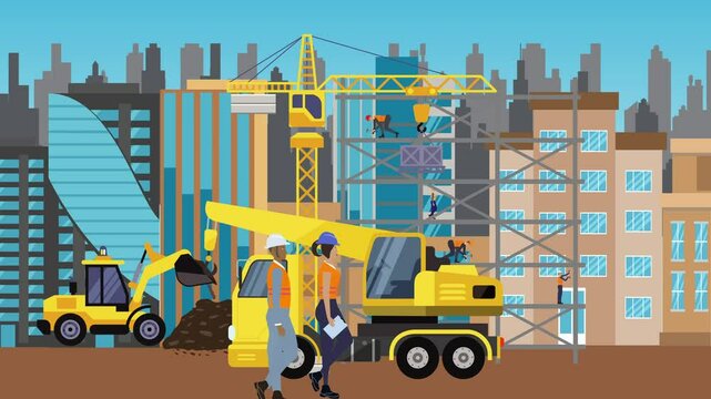 Construction site area, working on the edge of town with engineers and building machines animation