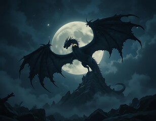 A shadowy dragon flying across a full moon