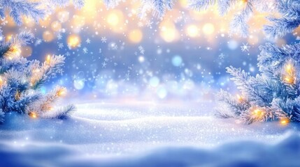 A serene winter landscape filled with snowflakes, twinkling lights, and frosty trees, perfect for festive themes.