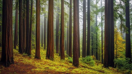 Serene forest landscape with tall trees, green foliage, and soft natural light filtering through the dense woodland