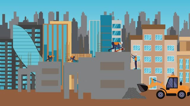 Construction site area, working on the edge of town with engineers and building machines animation