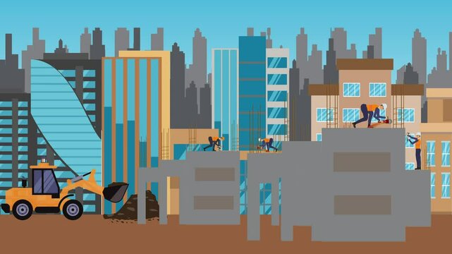 Construction site area, working on the edge of town with engineers and building machines animation